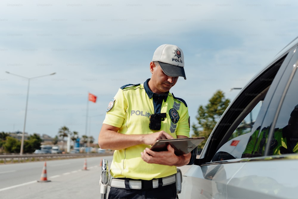 Un oficial de policía parado junto a un automóvil sosteniendo una tableta