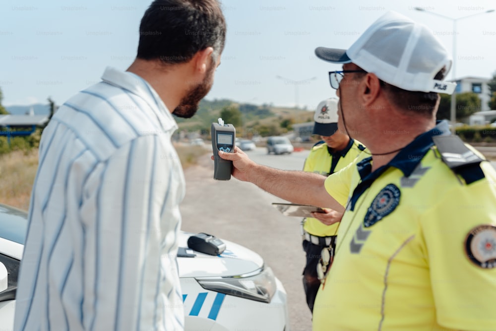 Un oficial de policía sosteniendo un teléfono celular junto a un policía