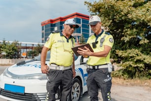 two police officers standing next to a car