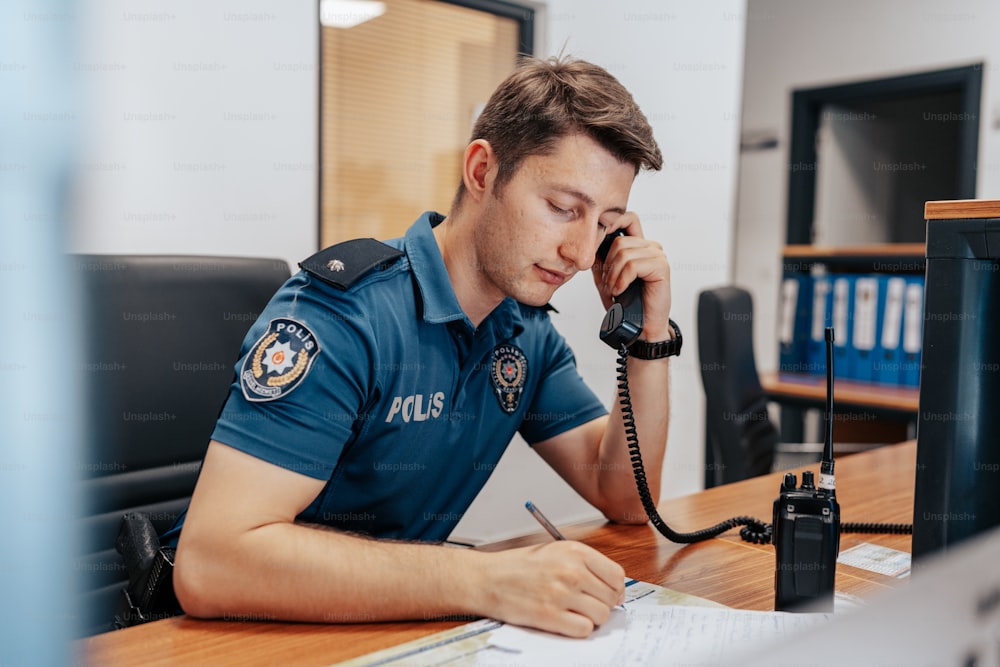 a police officer sitting at a desk talking on a phone