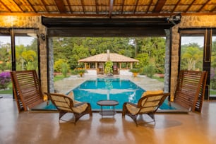 two chairs sitting in front of a swimming pool