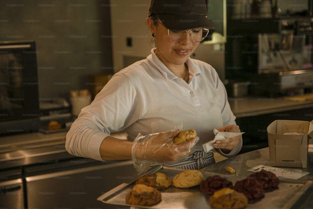 a woman in a hat and glasses preparing food