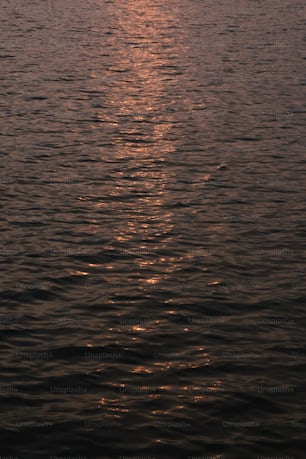 Un grande specchio d'acqua con un tramonto sullo sfondo