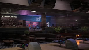 un centre de bowling avec des tables, des chaises et des boules de bowling