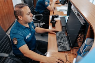 un agente di polizia seduto davanti a un computer