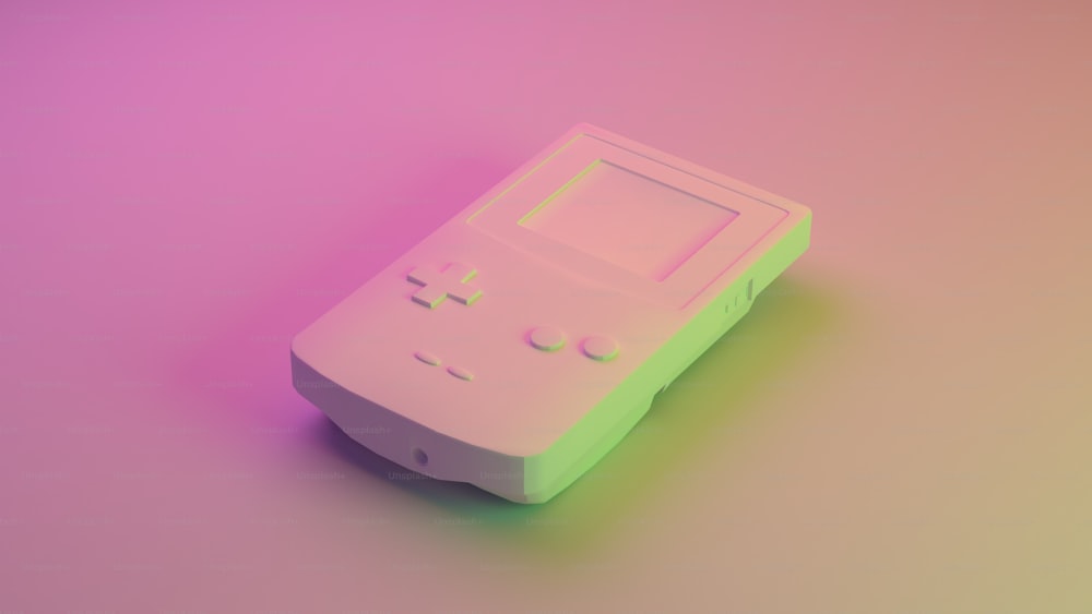 Une Game Boy rose et verte sur fond rose et violet