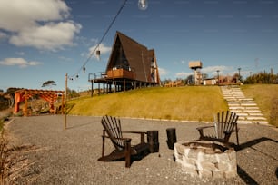 a couple of chairs sitting next to a fire pit