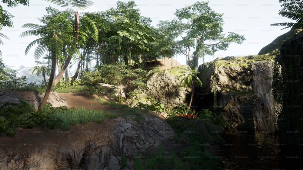 a computer generated image of a jungle setting