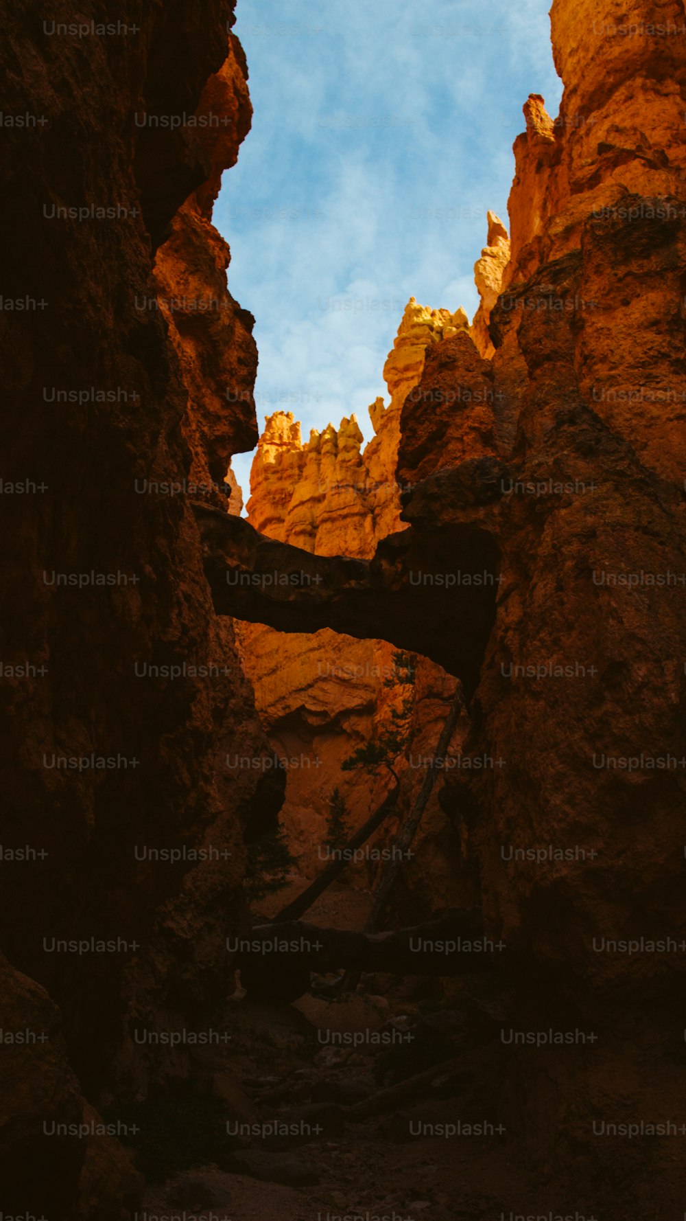 Eine enge Schlucht mit Felsen und einem Himmelshintergrund