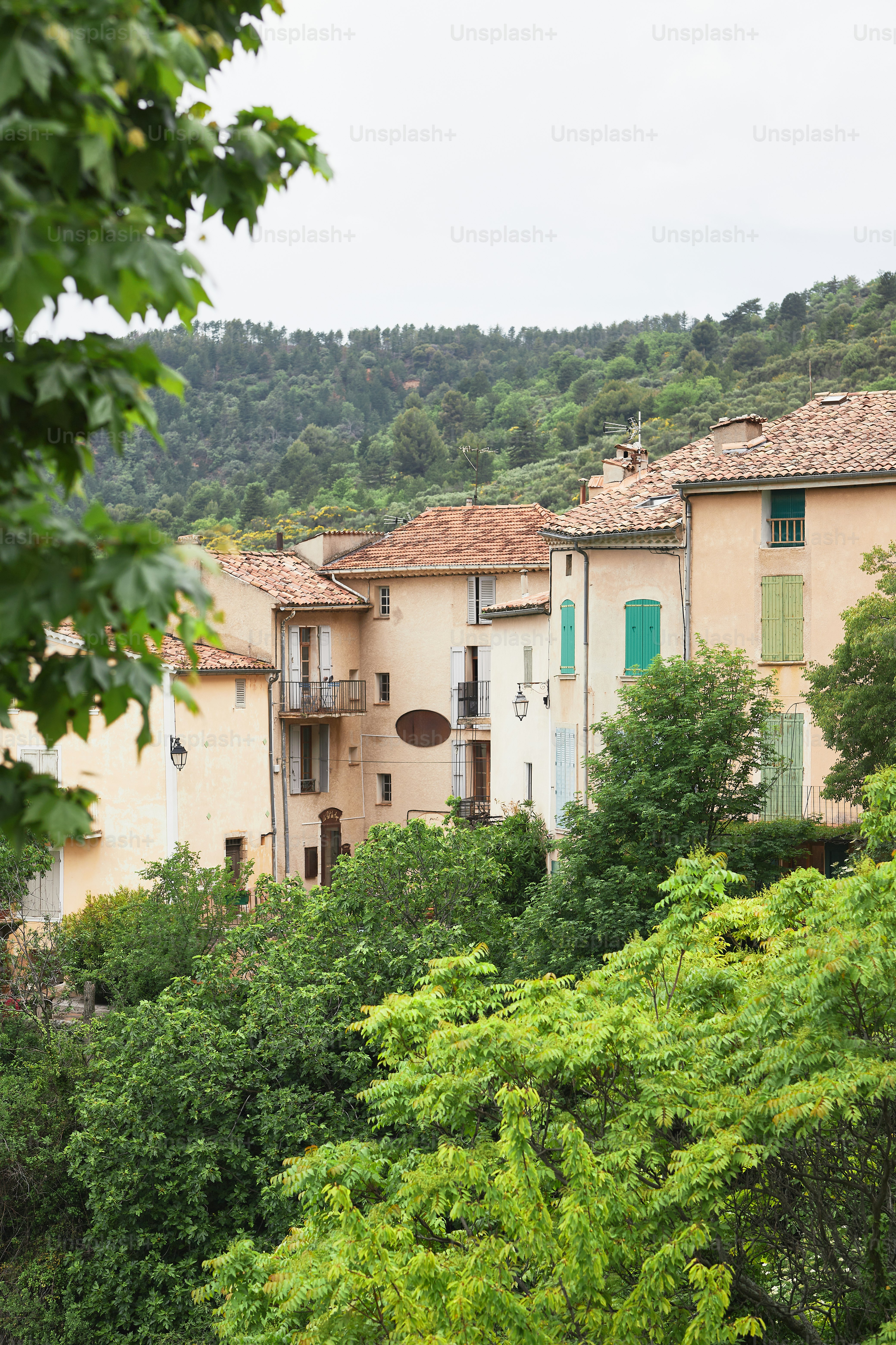 a row of houses on a hill surrounded by trees