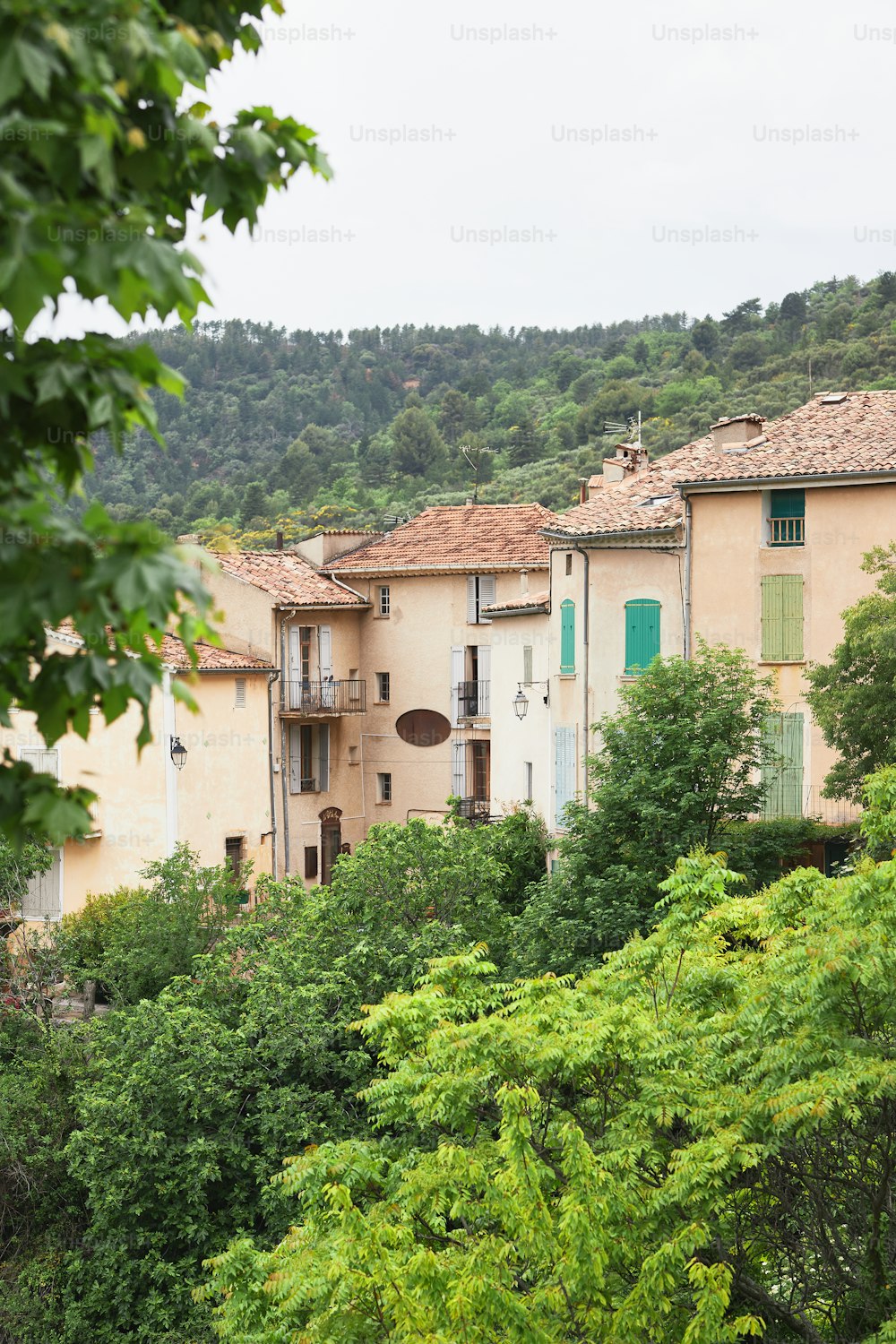 a row of houses on a hill surrounded by trees