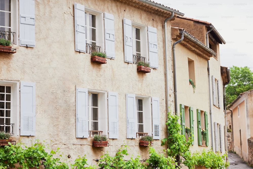 a building with many windows and plants growing on it