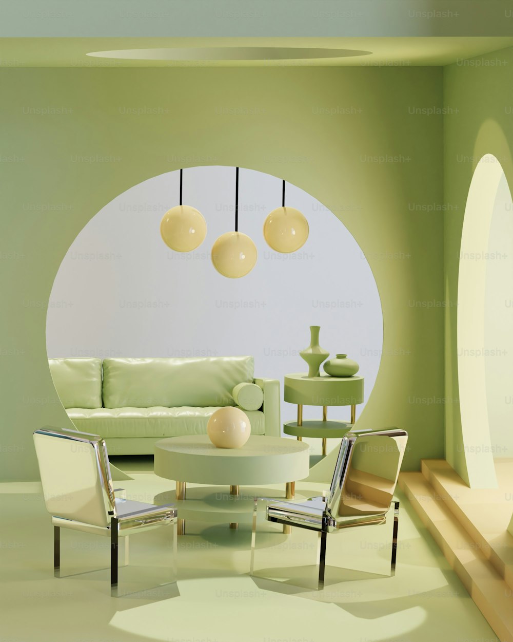 una sala de estar con paredes y muebles verdes