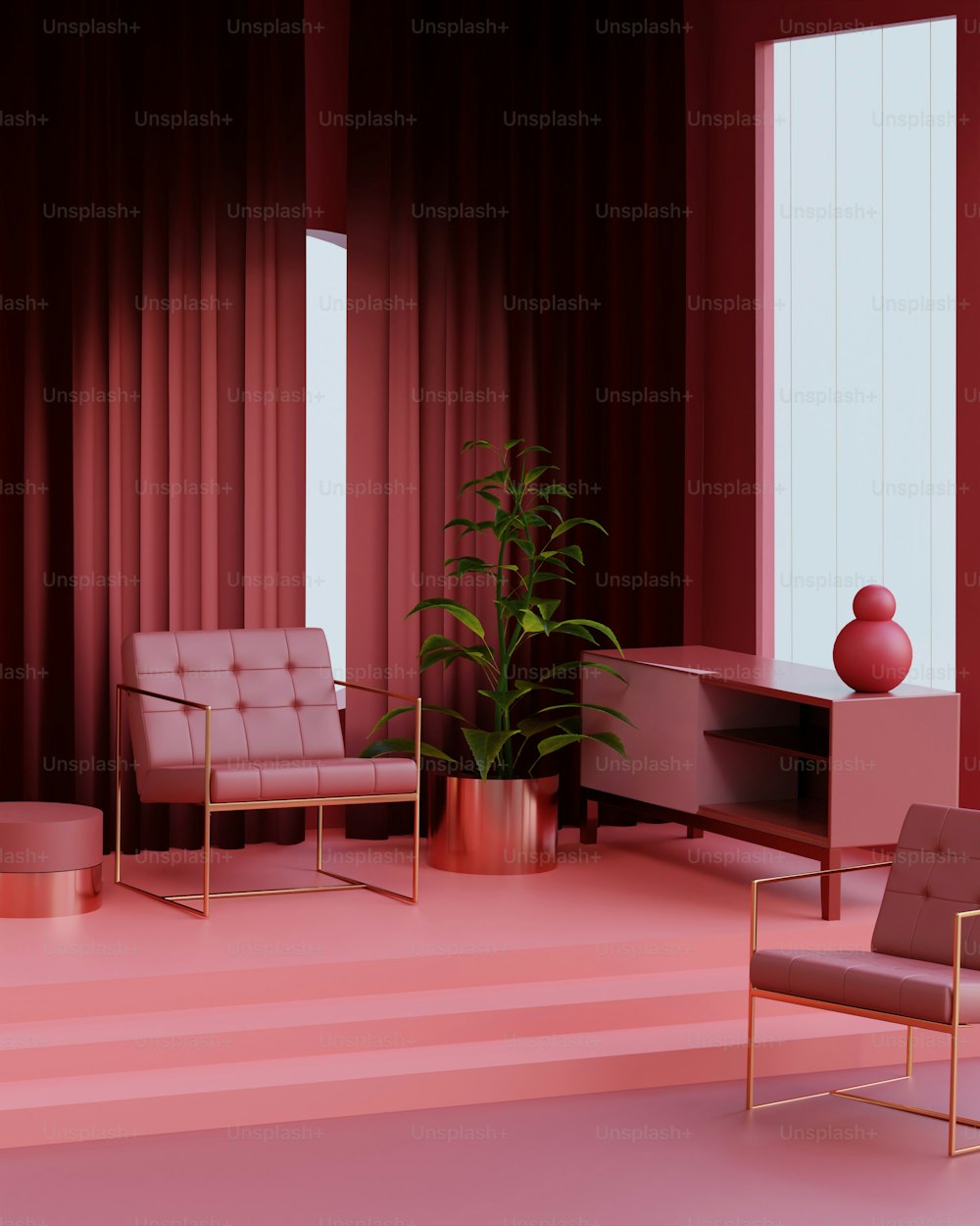 a living room with a couch, chair, table and potted plant