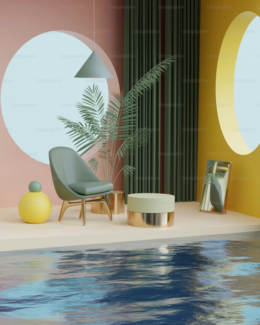 a pool with a chair and a potted plant next to it