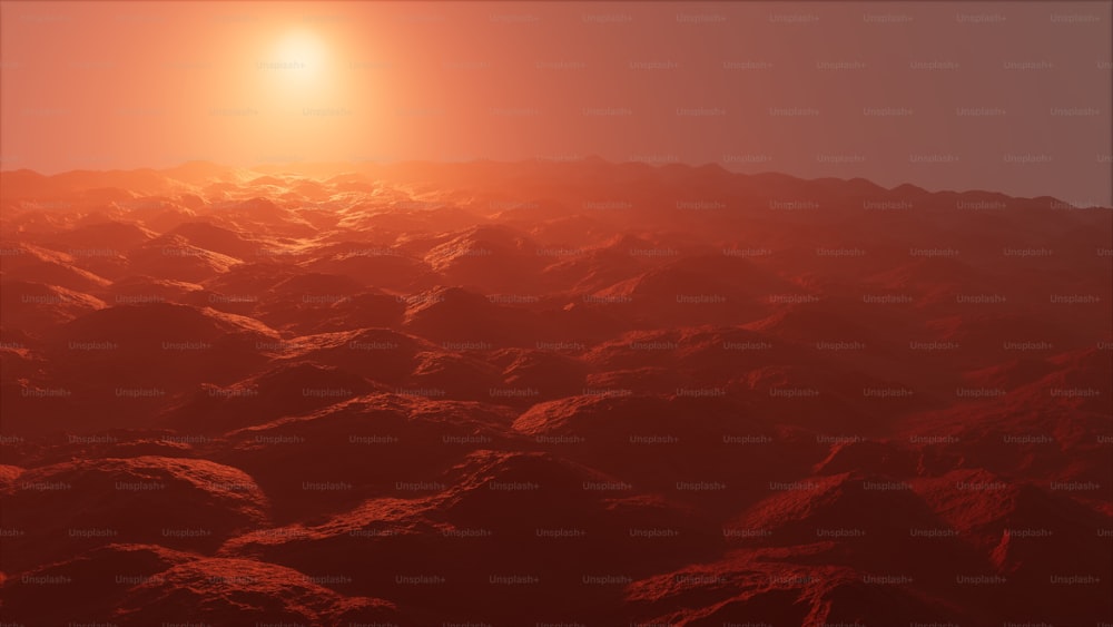 the sun is setting over the rocky terrain