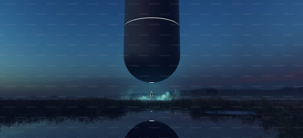 a large object floating over a body of water