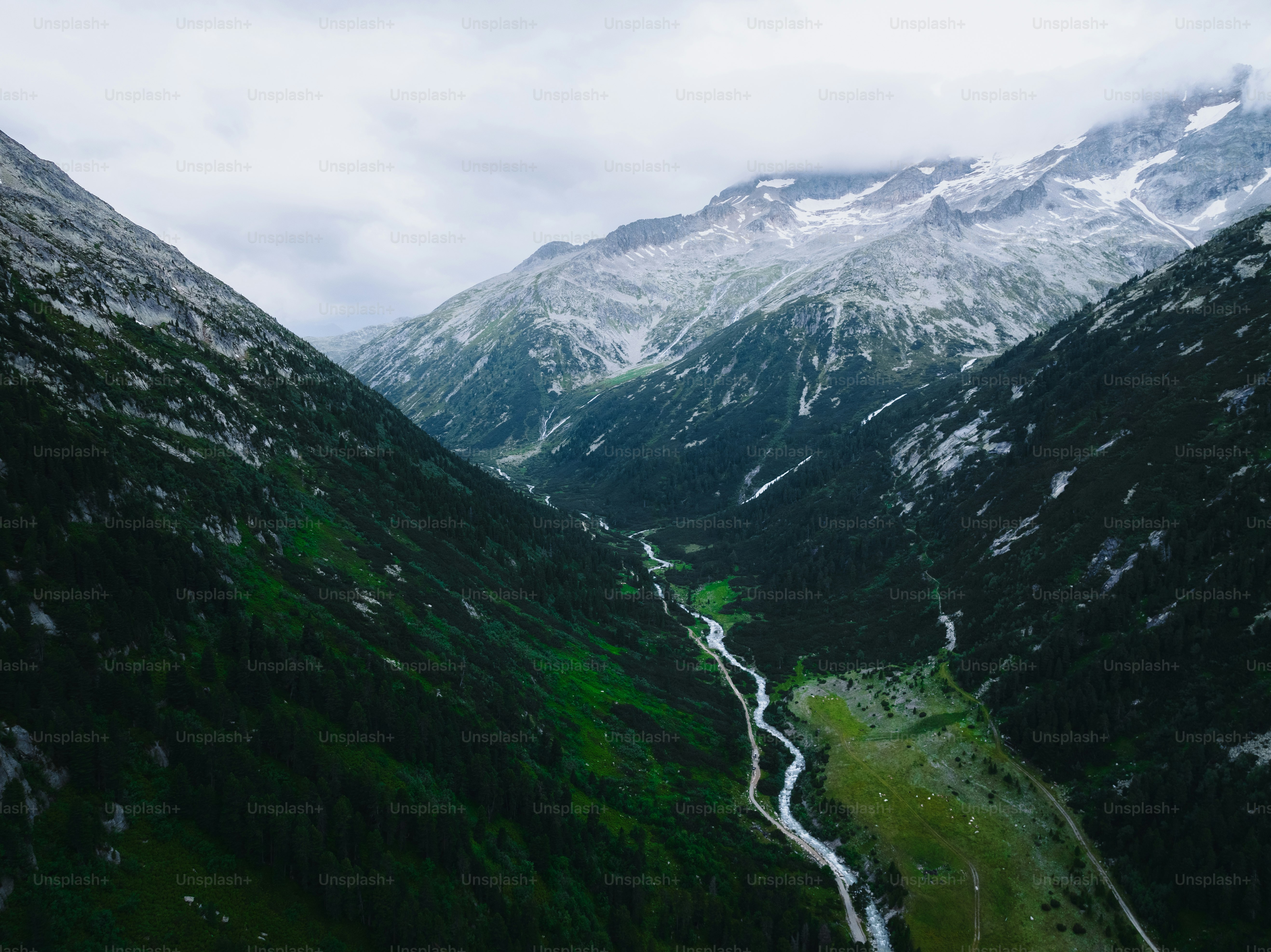 a view of a valley with mountains in the background
