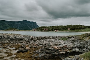 a large body of water surrounded by rocks