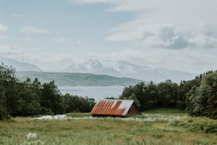 a barn in a field with mountains in the background