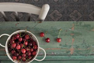 uma tigela de cerejas sentada em cima de uma mesa de madeira