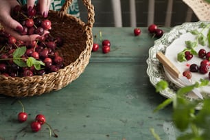 uma pessoa colhendo cerejas de uma cesta em uma mesa