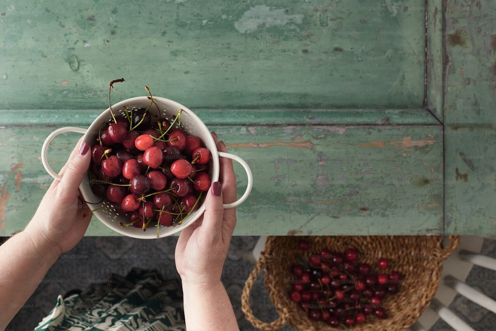 a person holding a bowl of cherries on a table