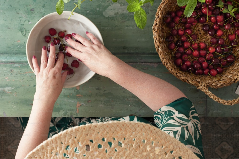a person holding a plate with cherries on it