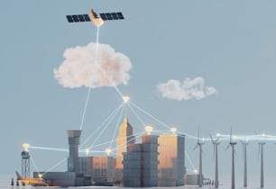 an airplane flying over a city with wind turbines