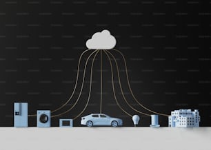 Un'auto connessa a una nuvola sopra una città