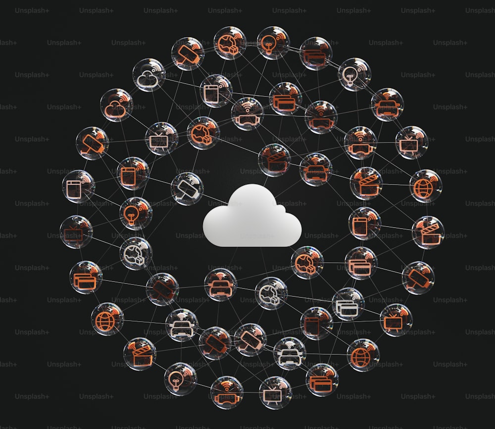 a cloud surrounded by bubbles with a black background
