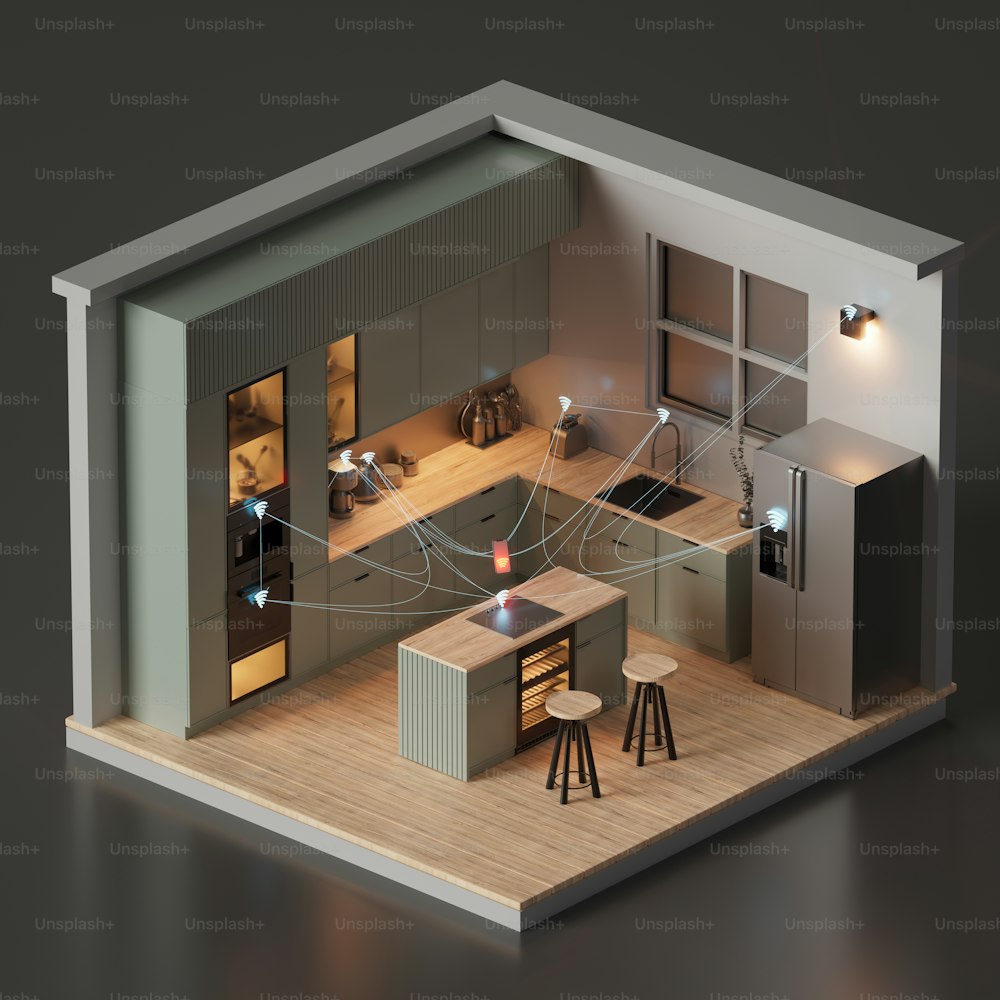 Un modello di casa con cucina e soggiorno