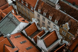 a bird's eye view of a building with red roofs