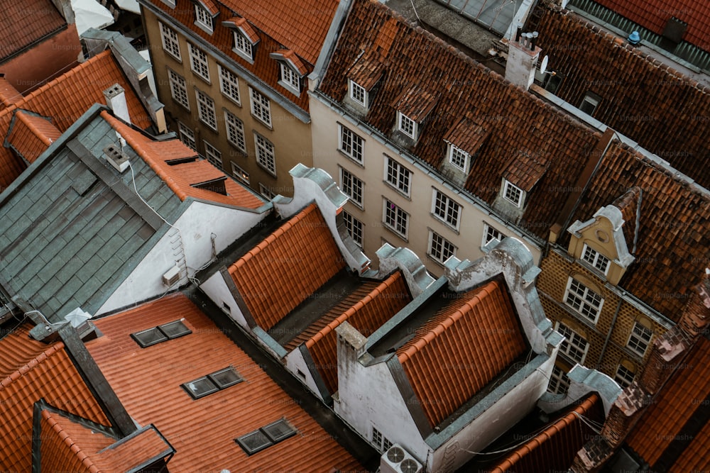 a bird's eye view of a building with red roofs