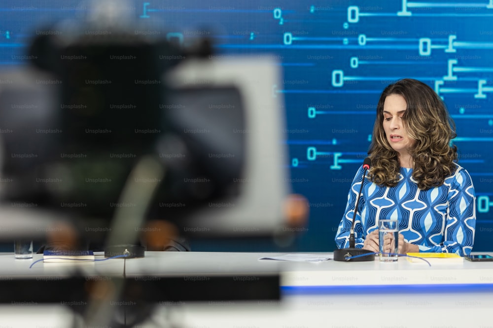 Una mujer sentada en un escritorio frente a una cámara