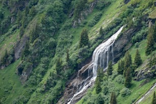 a waterfall in the middle of a lush green hillside
