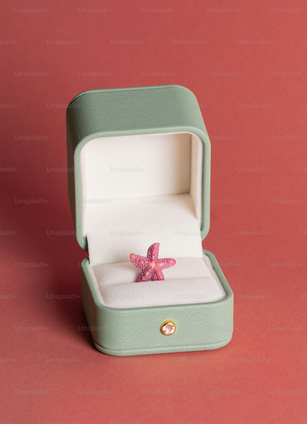 Un anillo de estrella de mar en una caja sobre un fondo rosa
