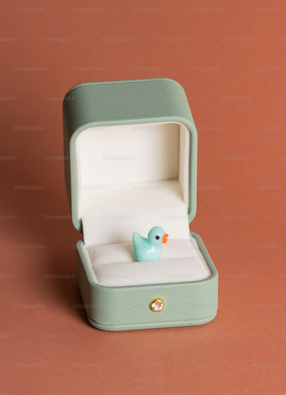 Un pequeño pato de goma azul en una caja verde