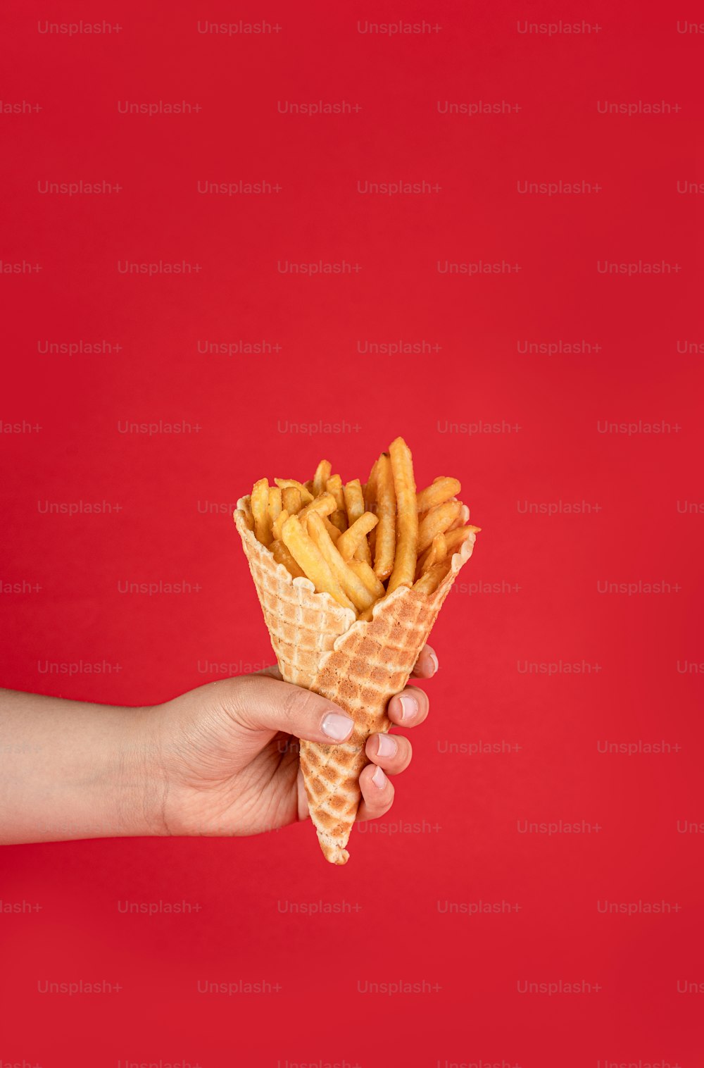 a hand holding a waffle cone filled with french fries