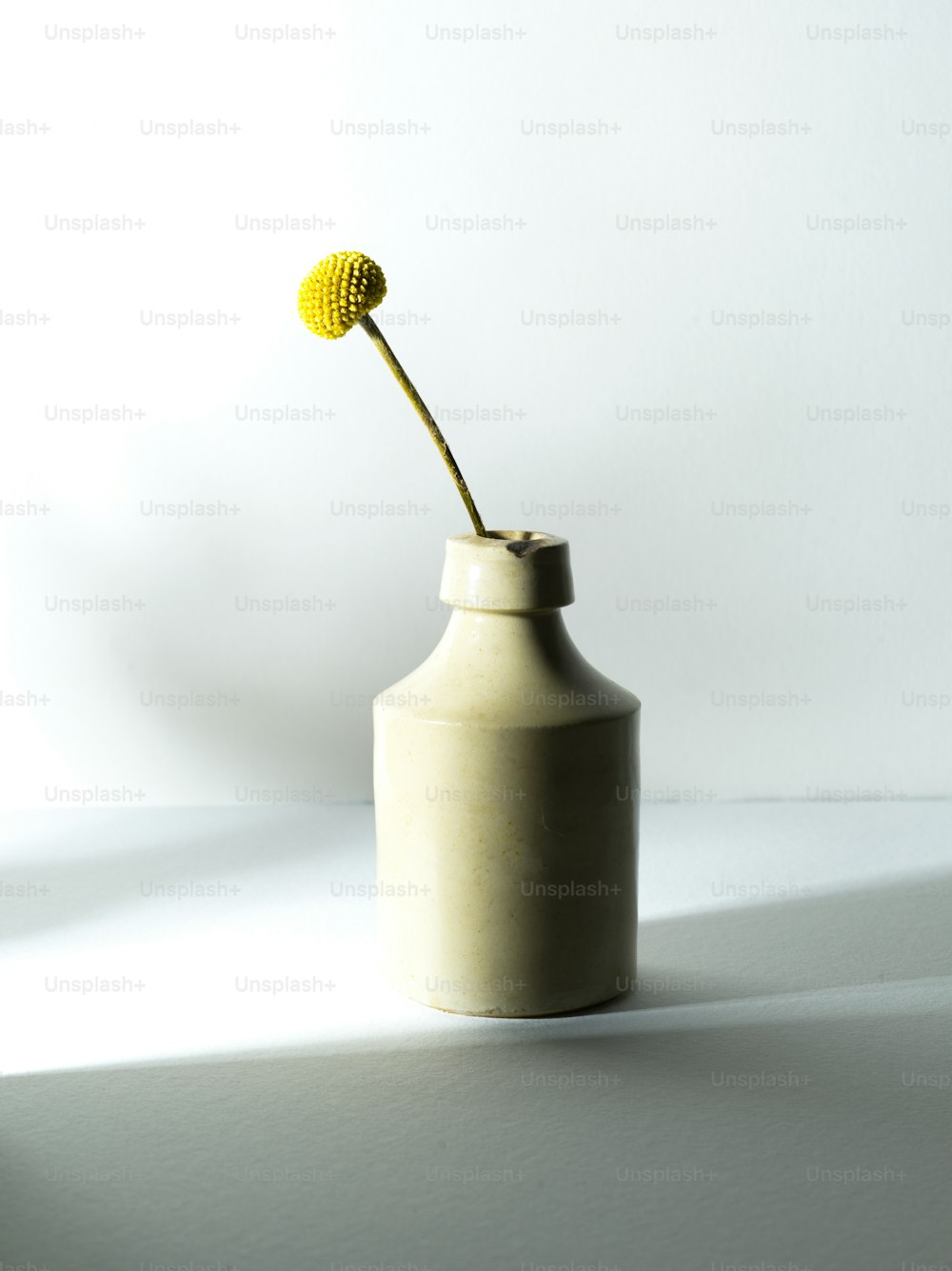 a white vase with a yellow flower in it