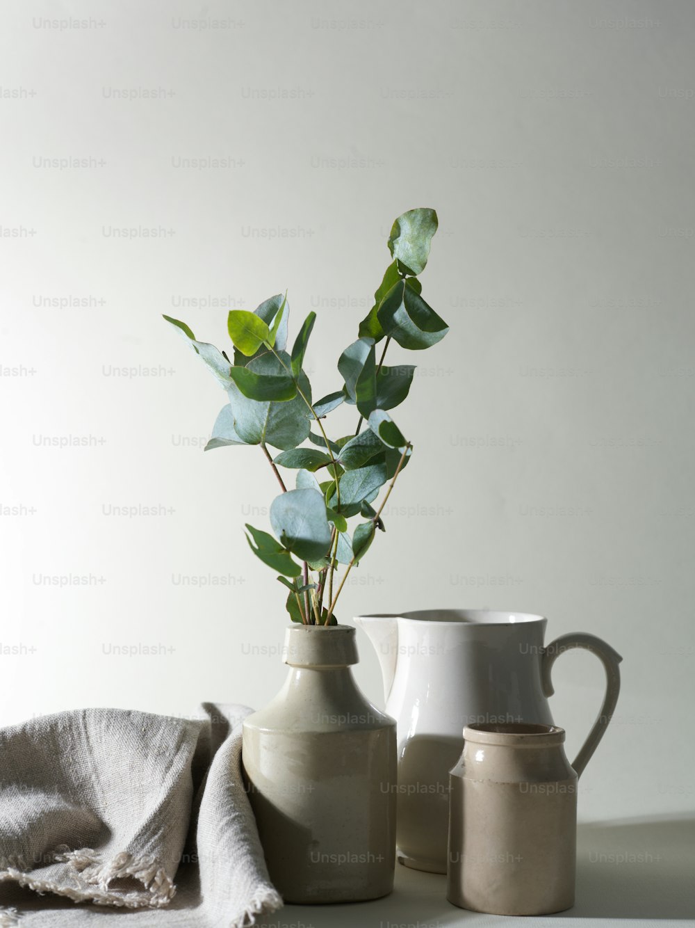 a white vase with a plant in it next to another vase with a plant in