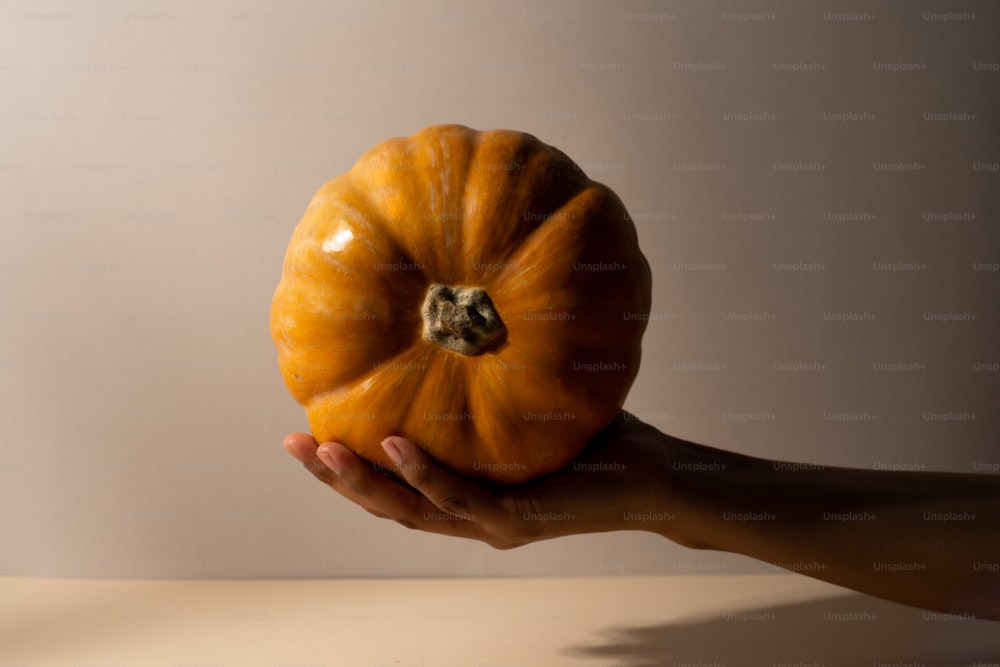a person holding a pumpkin in their hand