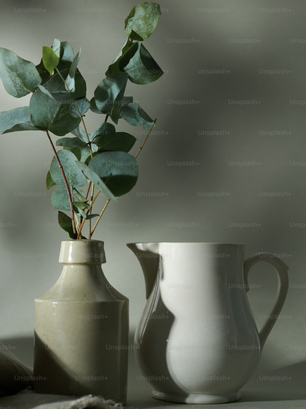 a vase with a plant in it next to a vase with a plant in it