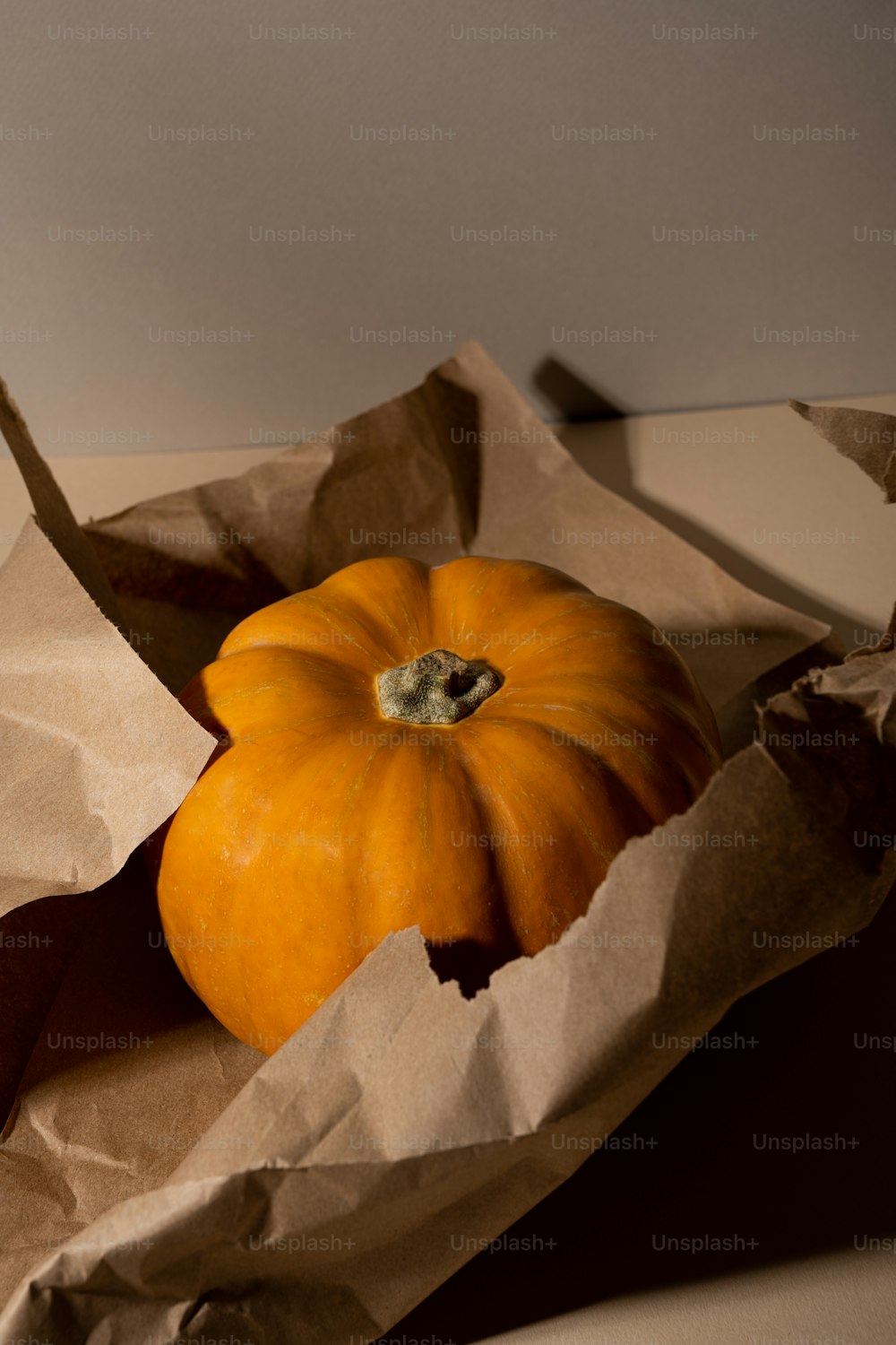 a pumpkin sitting inside of a brown paper bag