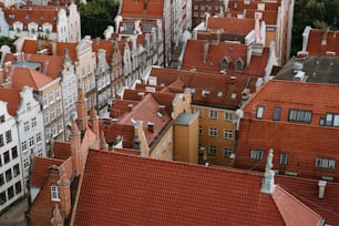 an aerial view of a city with red roofs