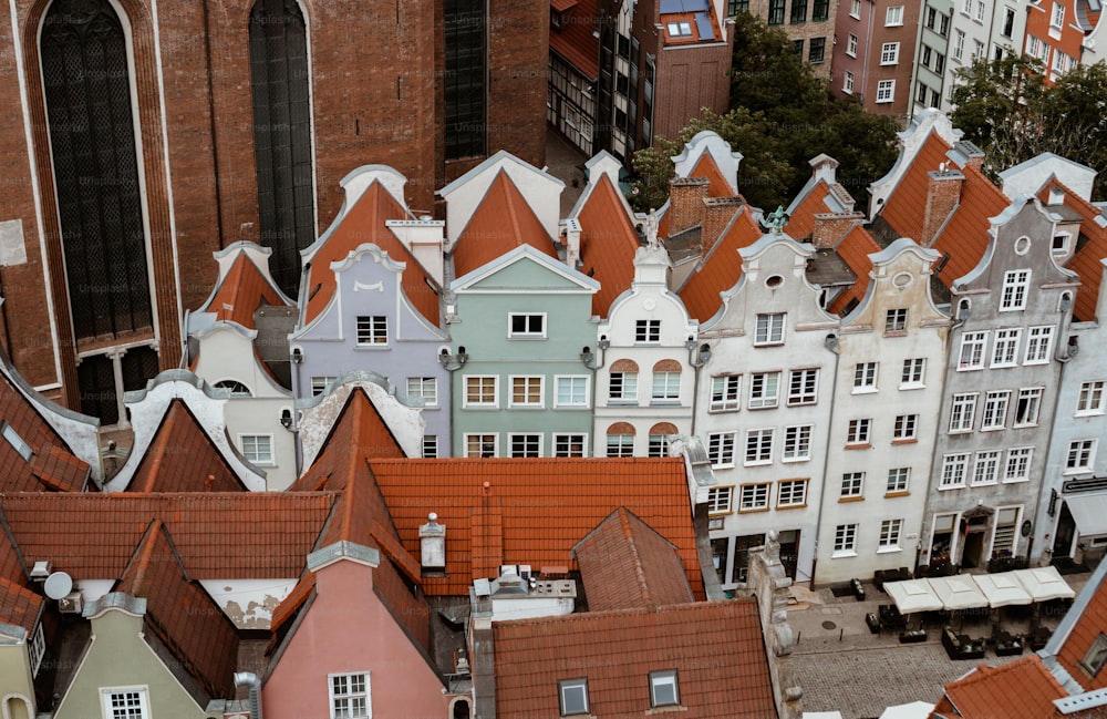 an aerial view of a group of buildings in a city