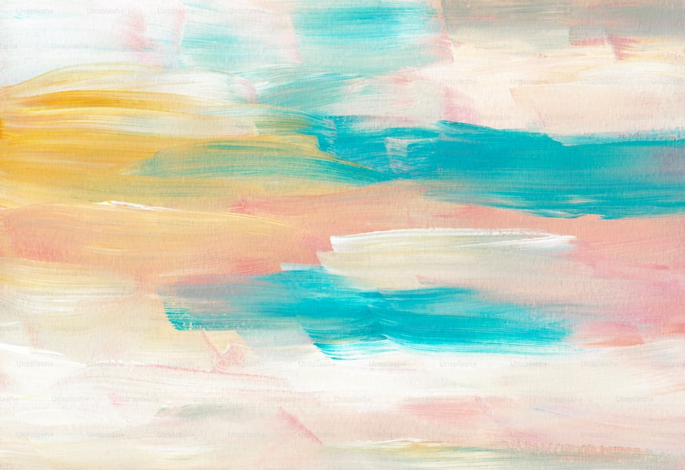 Ein abstraktes Gemälde mit blauen, gelben und rosa Farben