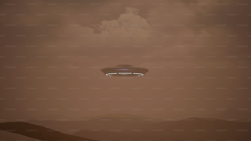 a flying object in a brown sky with clouds