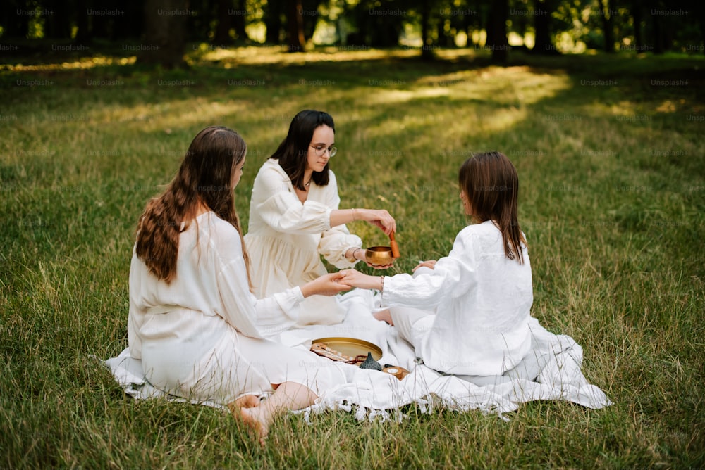 a group of women sitting on top of a lush green field