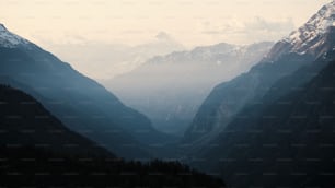 a view of a valley with mountains in the background